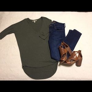 Express One-Eleven deep V-neck olive green top